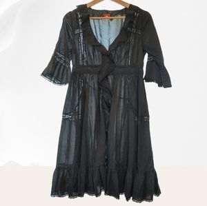 Free People Ruffle Black Lace Duster Dress Size 8 Festival Boho Kimono Large